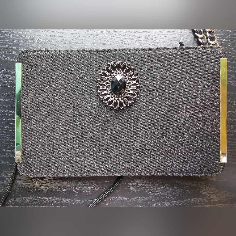 Kate Landry Sparkly Black Clutch with Silver Brooch OS